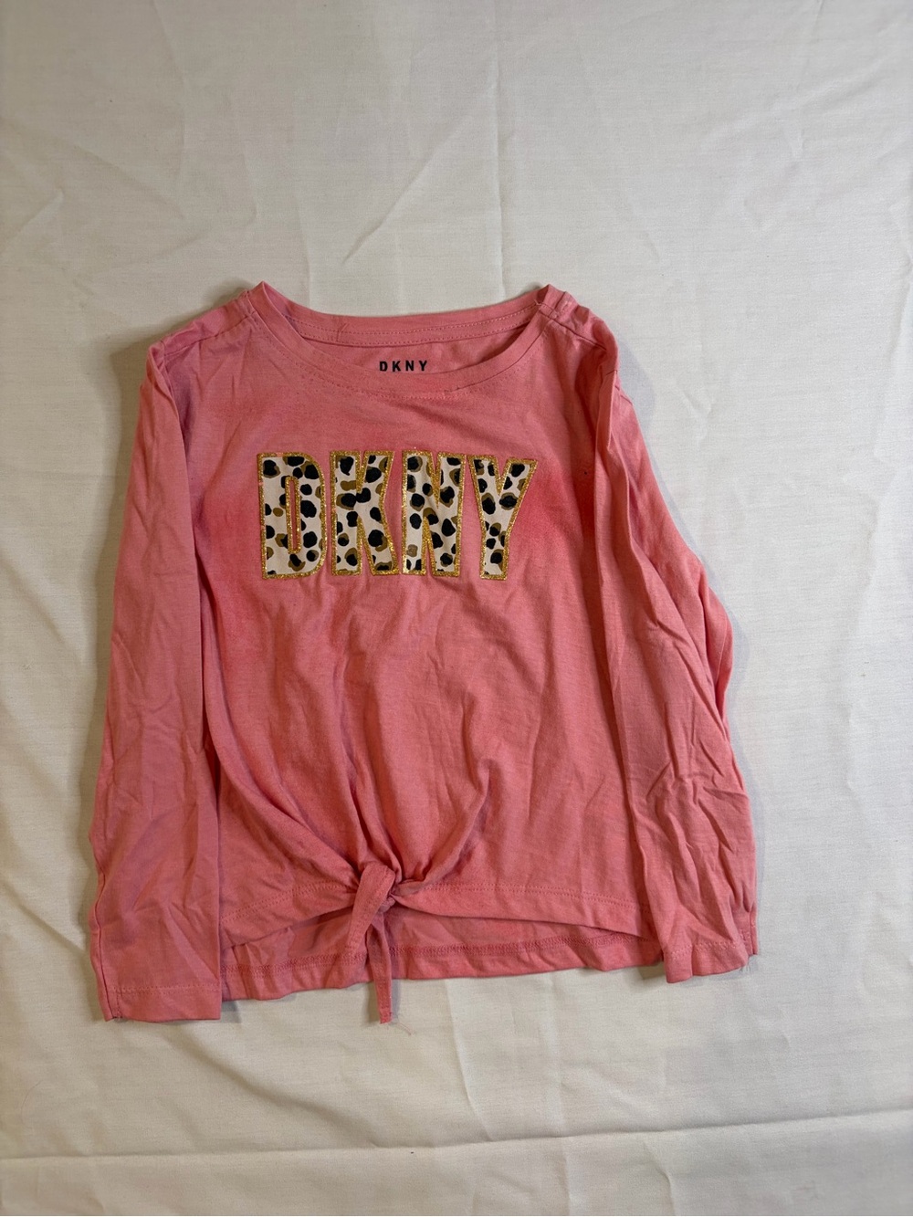 DKNY Pink Long-Sleeve Top with Leopard Logo and Front Tie